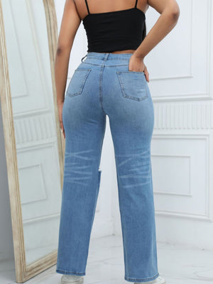 Pocketed Distressed Wide-Leg Jeans in Black