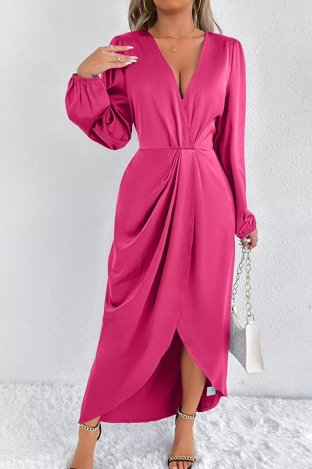 Satin Balloon Sleeve Midi Dress in Light Indigo with split