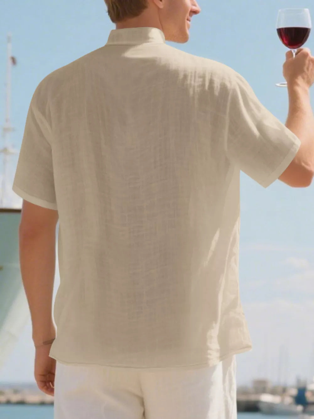 Men's relaxed fit linen blend short sleeve shirt in Khaki with band collar.
