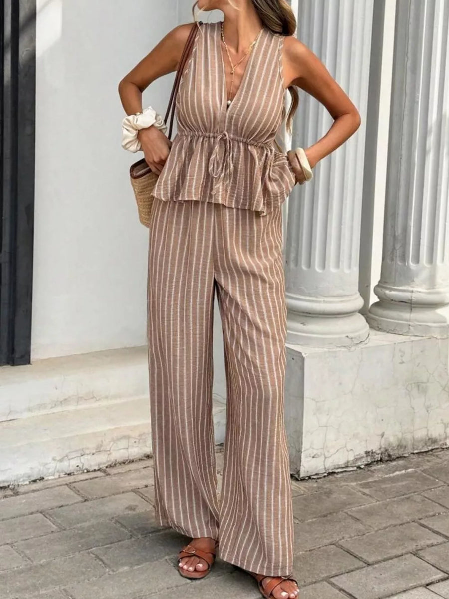 Chic striped two-piece set with tie front top and wide leg pants in camel.