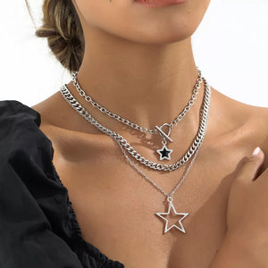 Silver 3-piece Layered Star Pendant Silver-plated Necklace