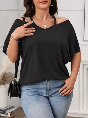 Black plus-size cold shoulder t-shirt with V-neck and short sleeves.