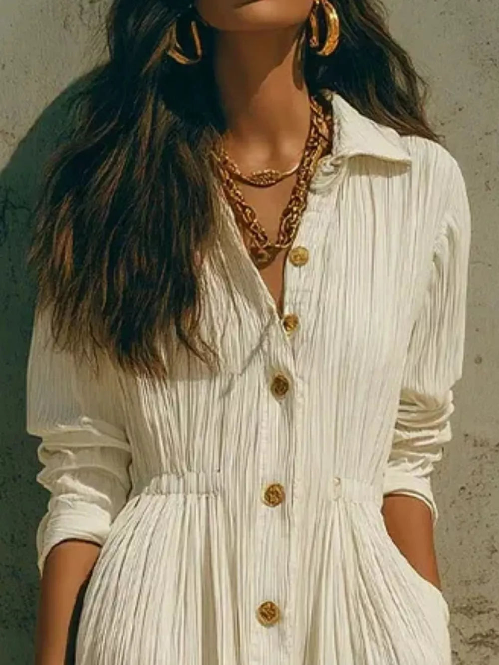 Khaki maxi dress featuring buttoned and textured