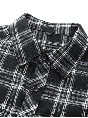 Men's black plaid button-up shirt, cotton blend, classic fit.