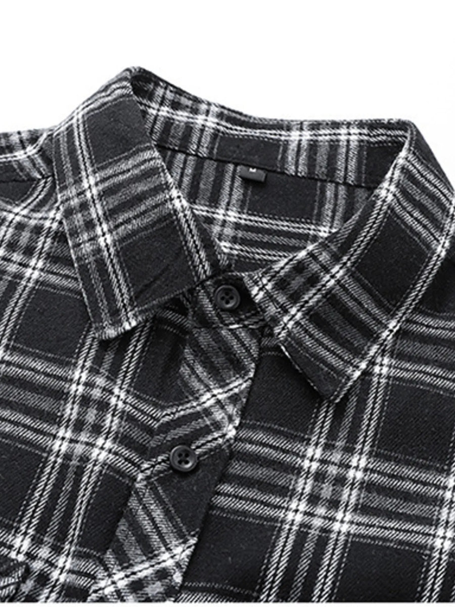 Men's black plaid button-up shirt, cotton blend, classic fit.