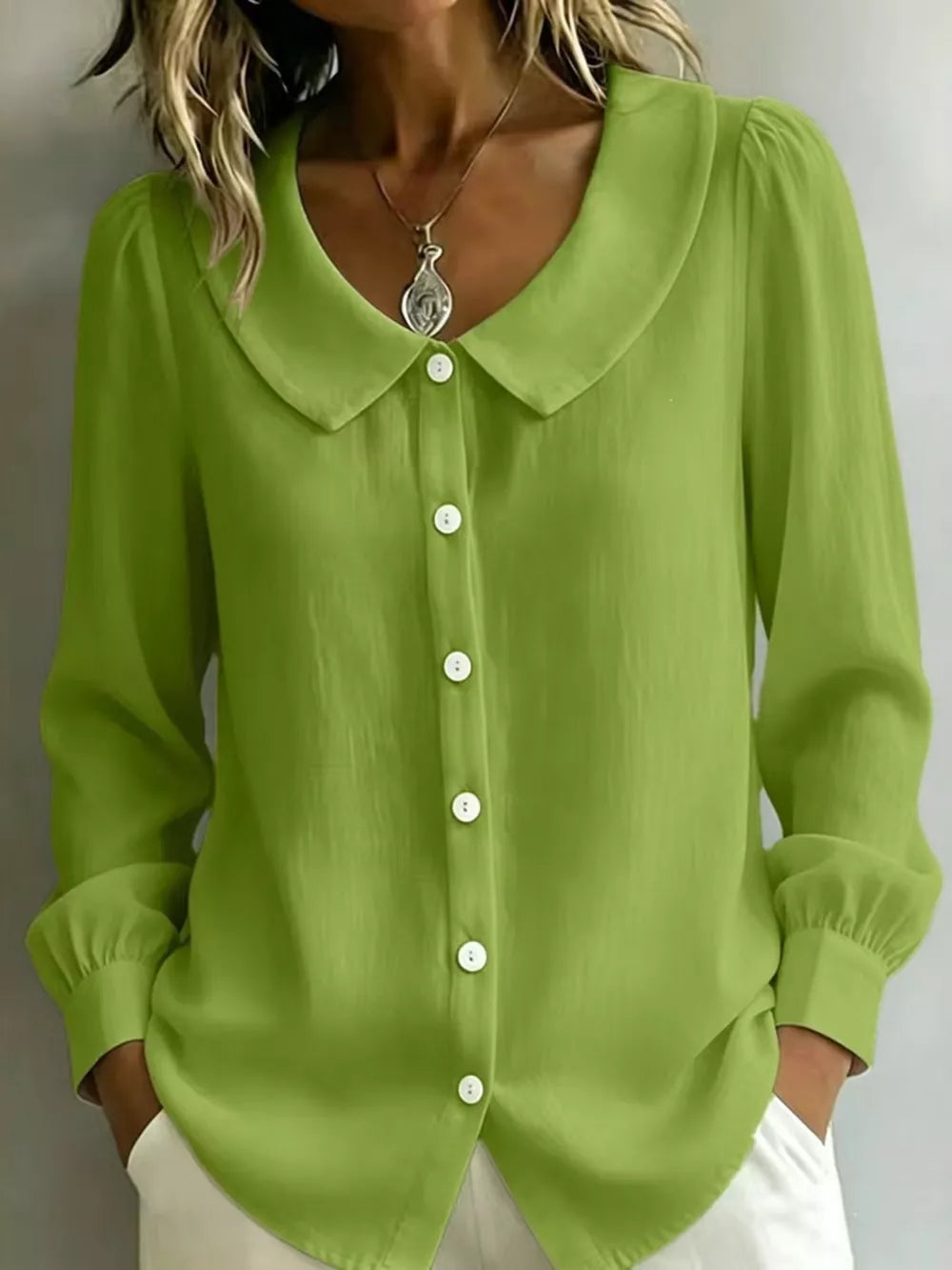 Full Size Peter Pan Collar Button-down Shirt in Light Green with buttoned
