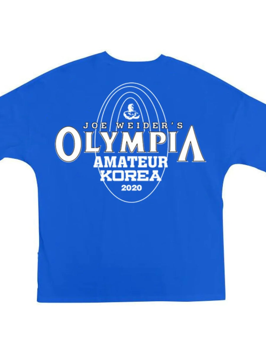Blue oversized graphic tee with Olympia Amateur Korea 2020 print