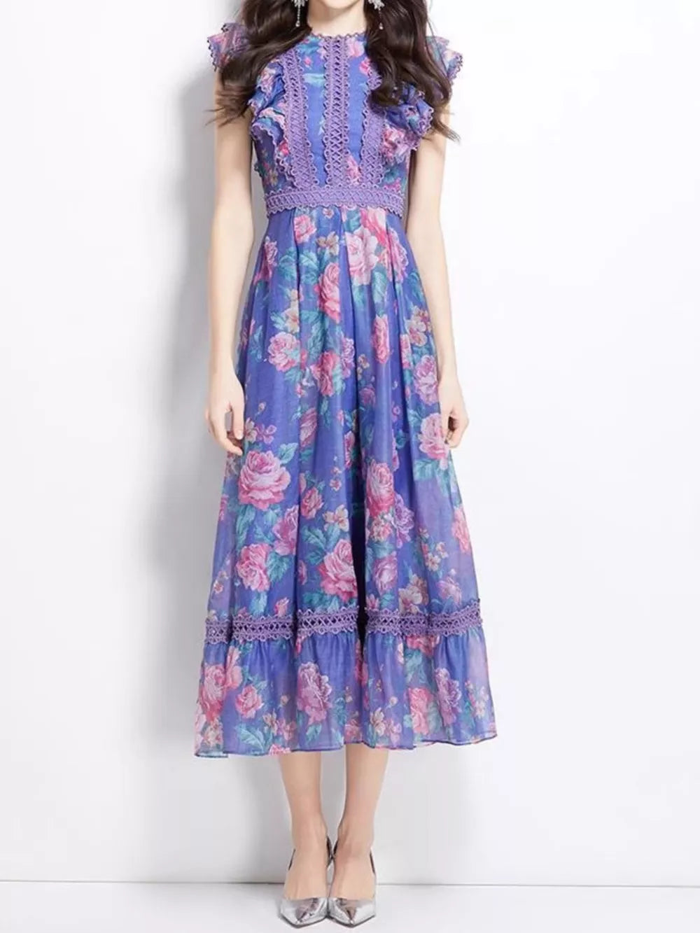 Charming floral ruffle sleeve midi dress with lace trim and a round neckline.