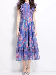Charming floral ruffle sleeve midi dress with lace trim and a round neckline.