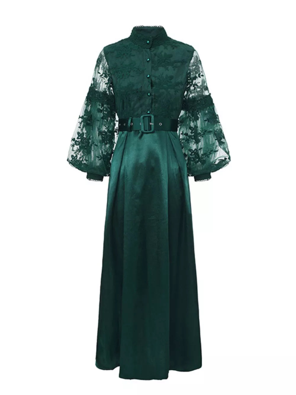 Green lace-embellished maxi dress with lantern sleeves and button-down front.