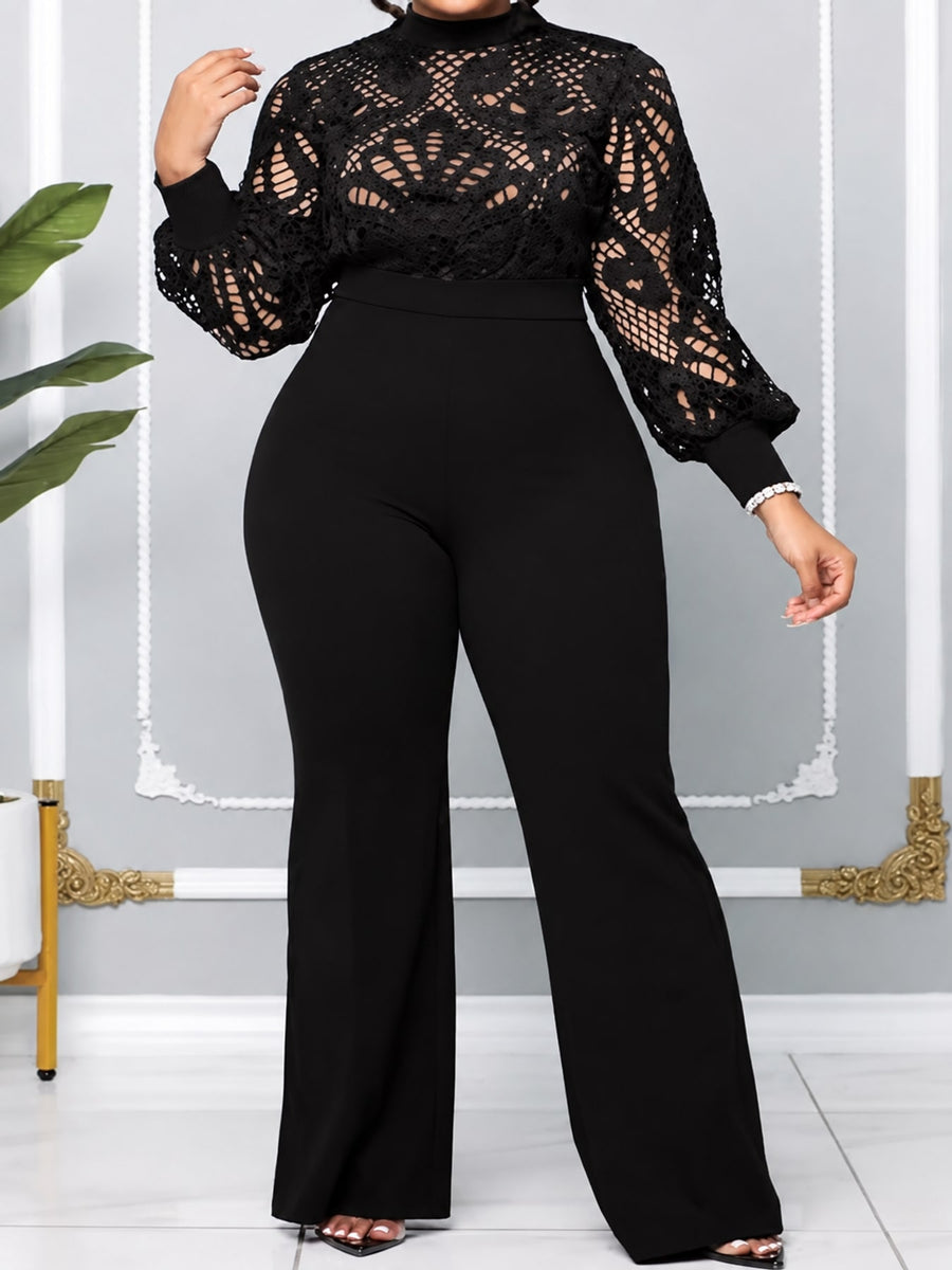 Full Size Lace Lantern Sleeve Flare Jumpsuit in royal blue with openwork