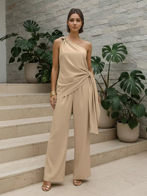 30% linen, 20% polyester, 20% rayon, 30% cotton Care instructions: Machine wash two-piece set in Khaki Color with relaxed
