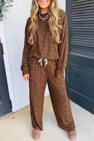 dark brown pajama set featuring drawstring and leopard-print