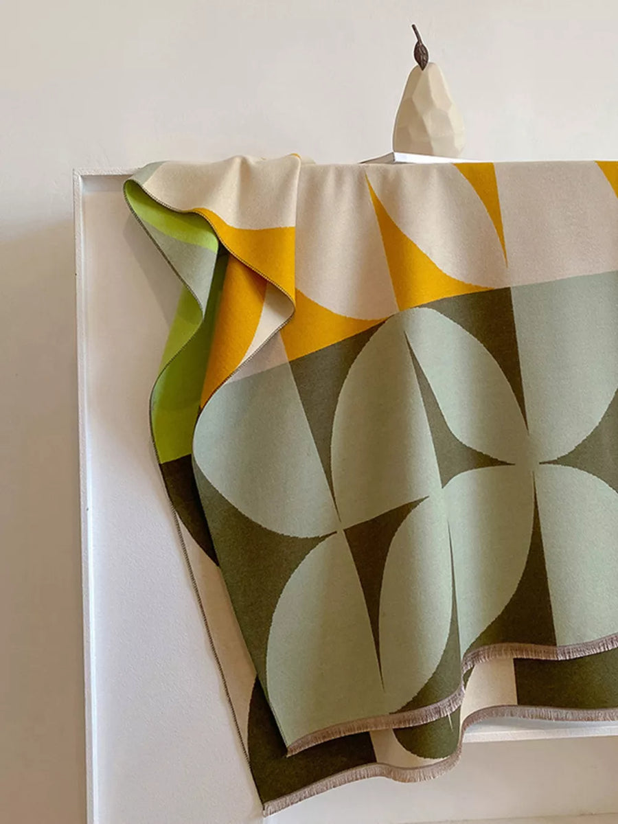 Geometric patterned soft scarf in sage and yellow with fringes