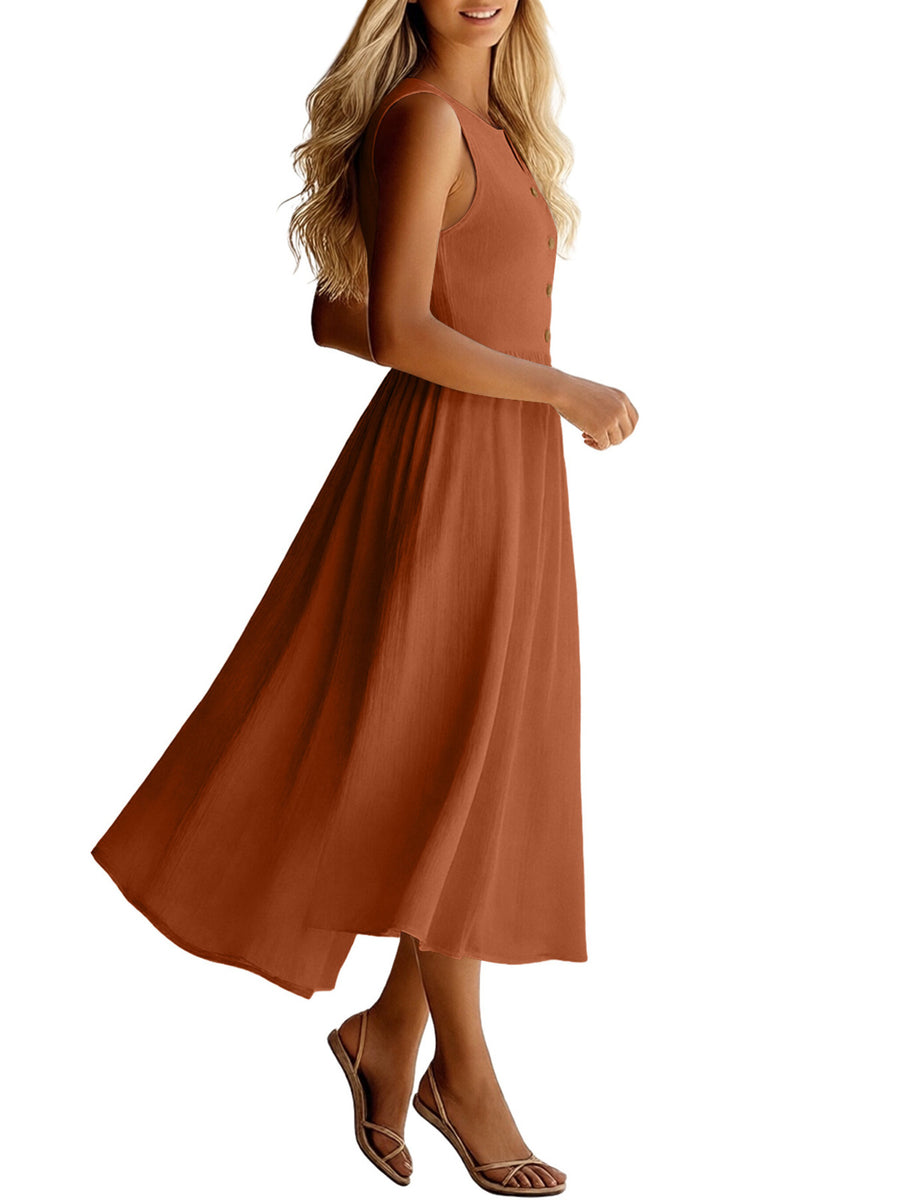 Brown button front flowy midi dress with a-line cut and sleeveless design.