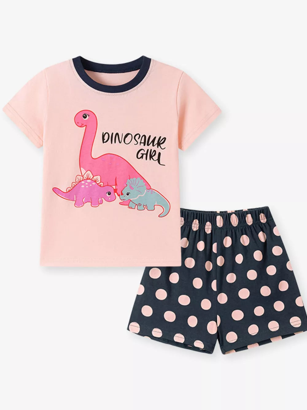 Baby girl's pink dinosaur graphic tee with navy trim and navy polka dot shorts.