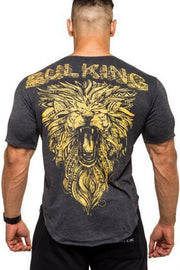Dark gray t-shirt with a gold roaring lion graphic and "BULKING KING" text on the back.