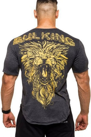 Dark gray t-shirt with a gold roaring lion graphic and "BULKING KING" text on the back.