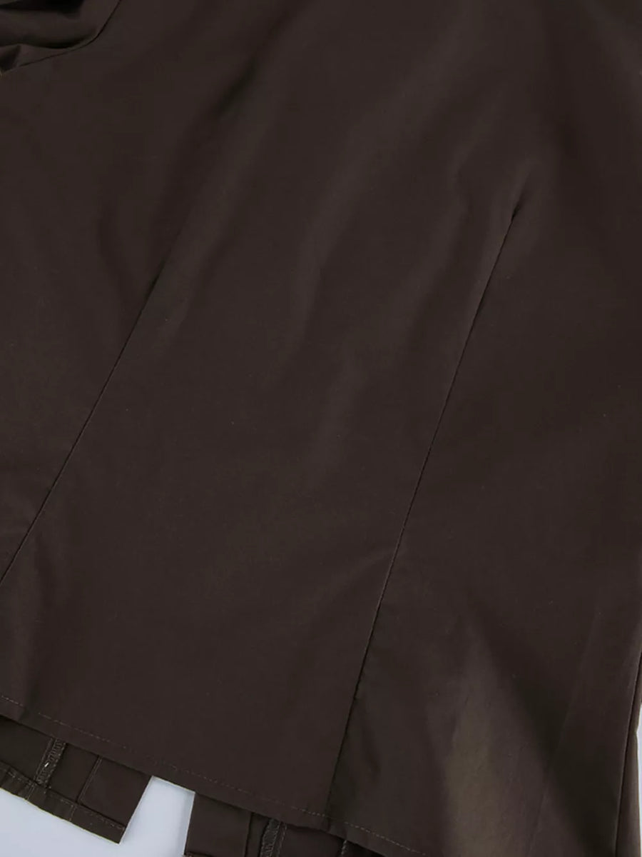 Brown button-up shirt with hip-length and button-front