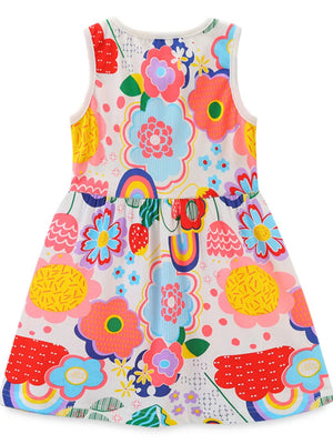 Toddler sleeveless A-line dress with a cheerful multicolor floral and rainbow print.