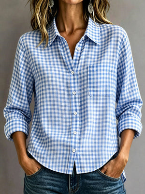 light blue button-down shirt with gingham and collared