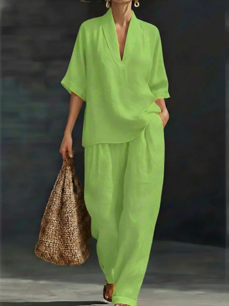 Lime green v-neck linen blend top with wide leg pants