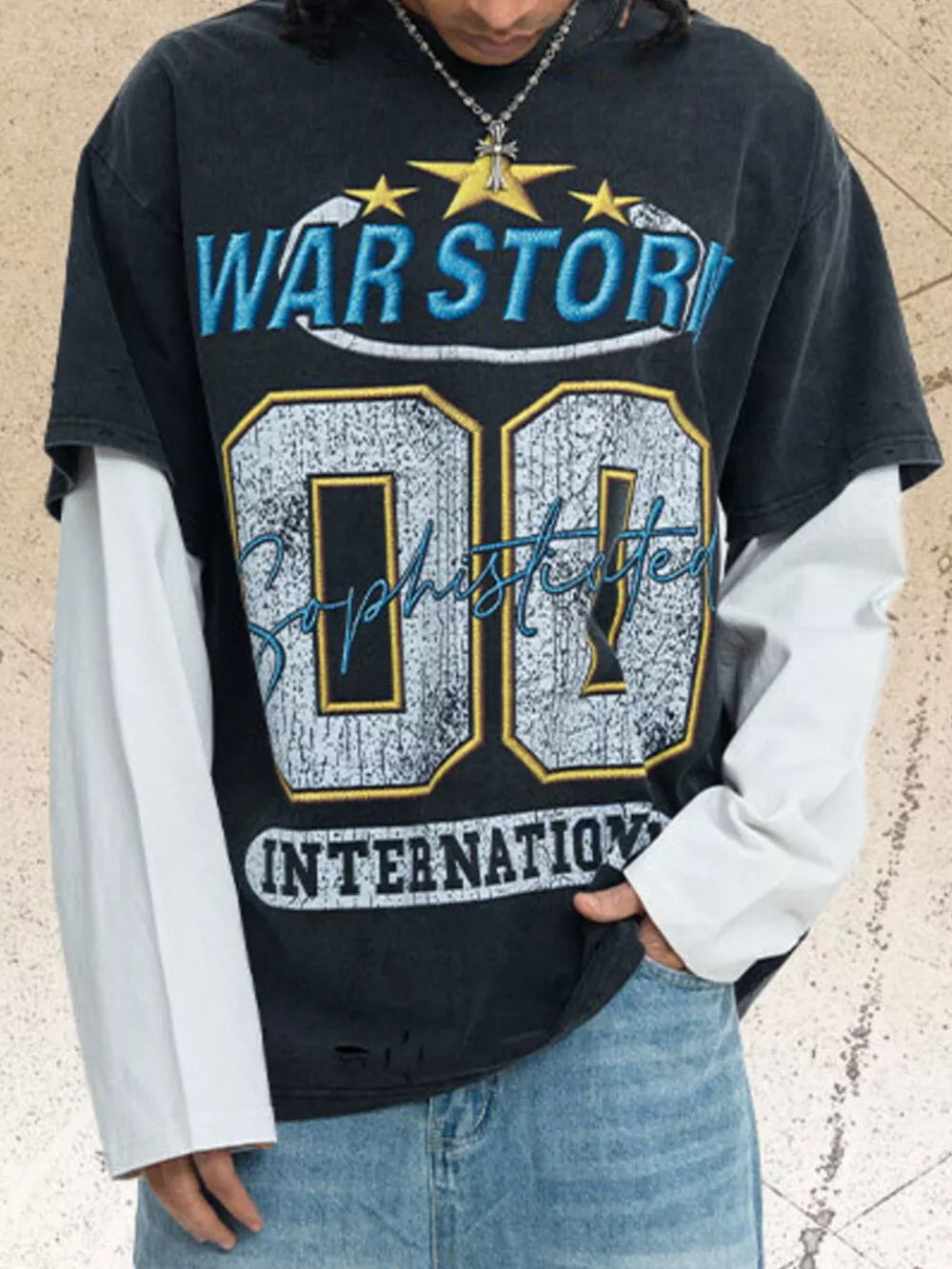 Men's vintage graphic t-shirt with distressed details, featuring "WAR STORM" and "00 Sophistication International" text.