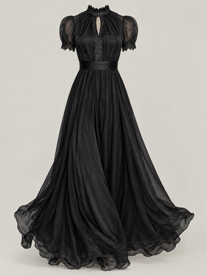 plum maxi dress with ruched and puff sleeve