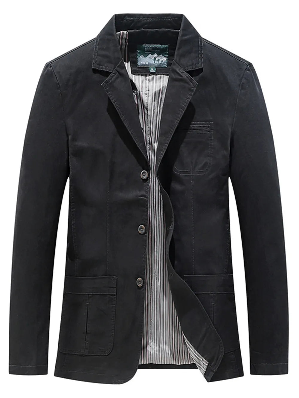 Men's black cotton blazer with striped lining and button front.