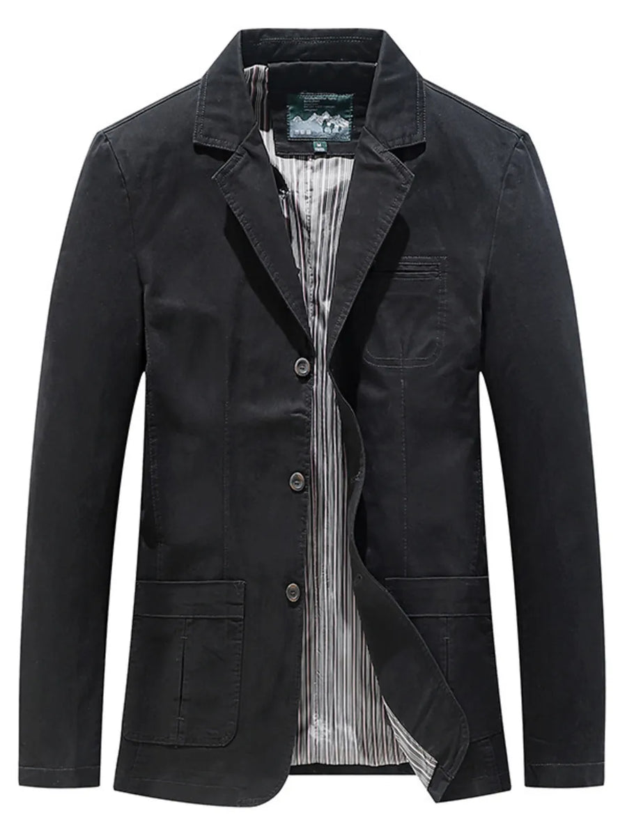 Men's black cotton blazer with striped lining and button front.