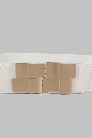 White stretch belt with gold geometric buckle detail