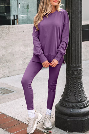 lounge set in deep purple featuring side slit and relaxed fit