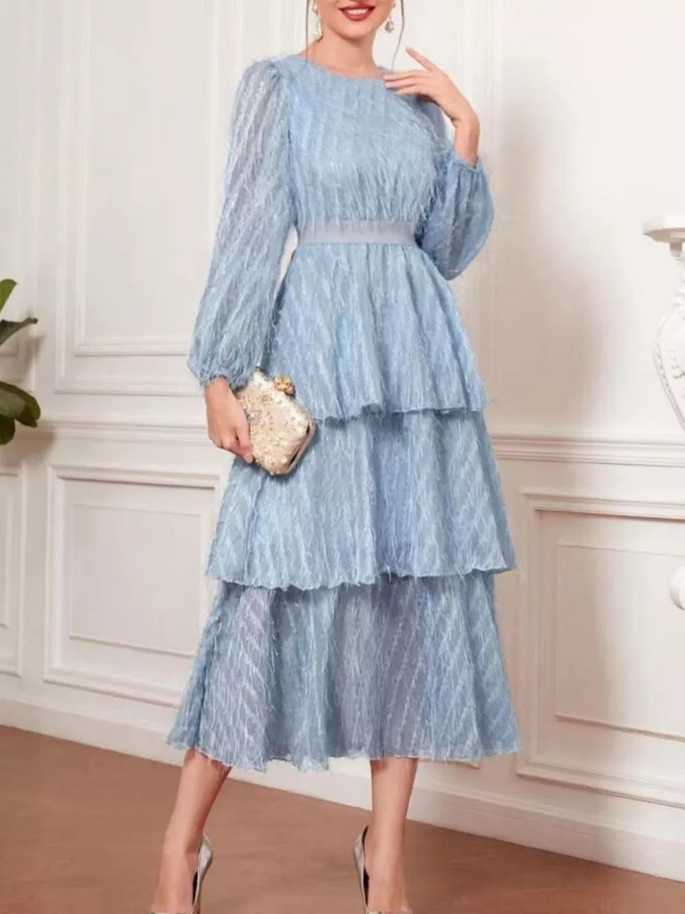 Sky blue tiered midi dress with balloon sleeves and defined waist