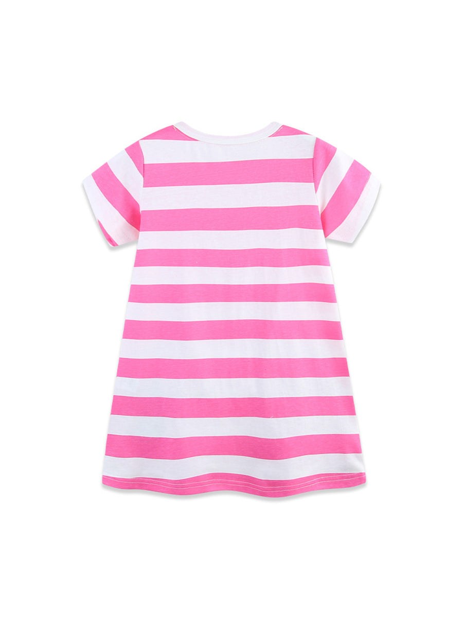 Toddler pink and white striped cotton t-shirt dress with short sleeves and round neck.