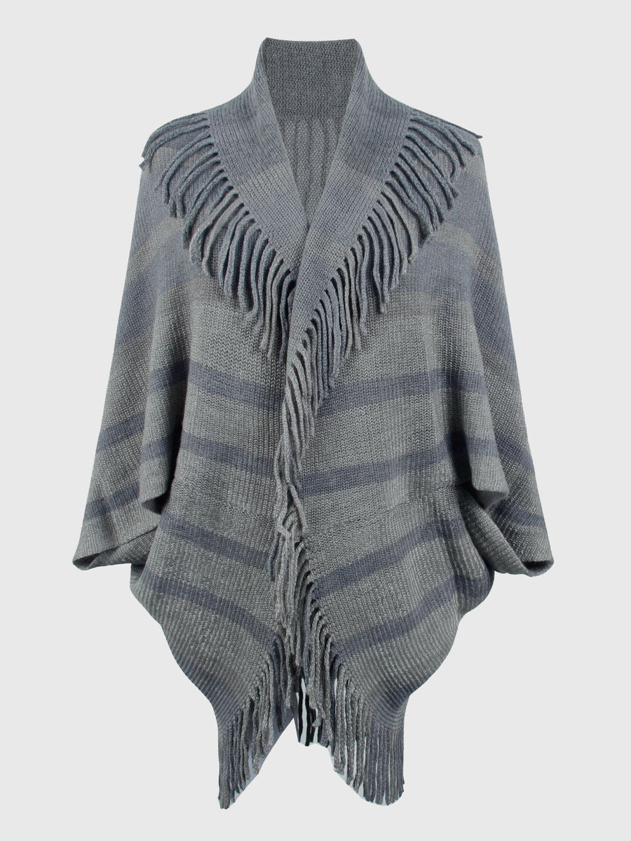 Charcoal striped knit capelet with fringe detail and shawl collar.