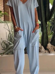 Army Green Loose Fit V-neck Short Sleeve Wide Leg Jumpsuit