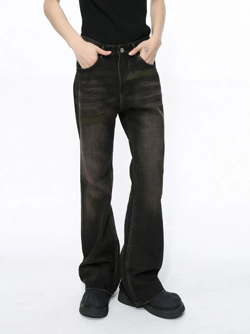 Dark faded wash bootcut denim jeans with a flare leg and subtle distressing.