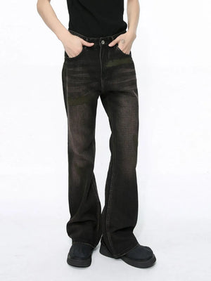 Dark faded wash bootcut denim jeans with a flare leg and subtle distressing.
