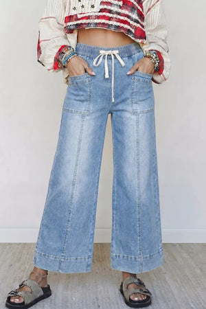 light blue wide-leg jeans with elastic waist and N/A