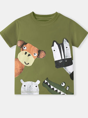 Green crew neck t-shirt with playful cartoon animal print of a monkey, zebra, hippo, and alligator.