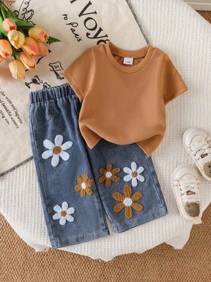 Dark Brown Children's Round Neck Top And Flower Jeans Set
