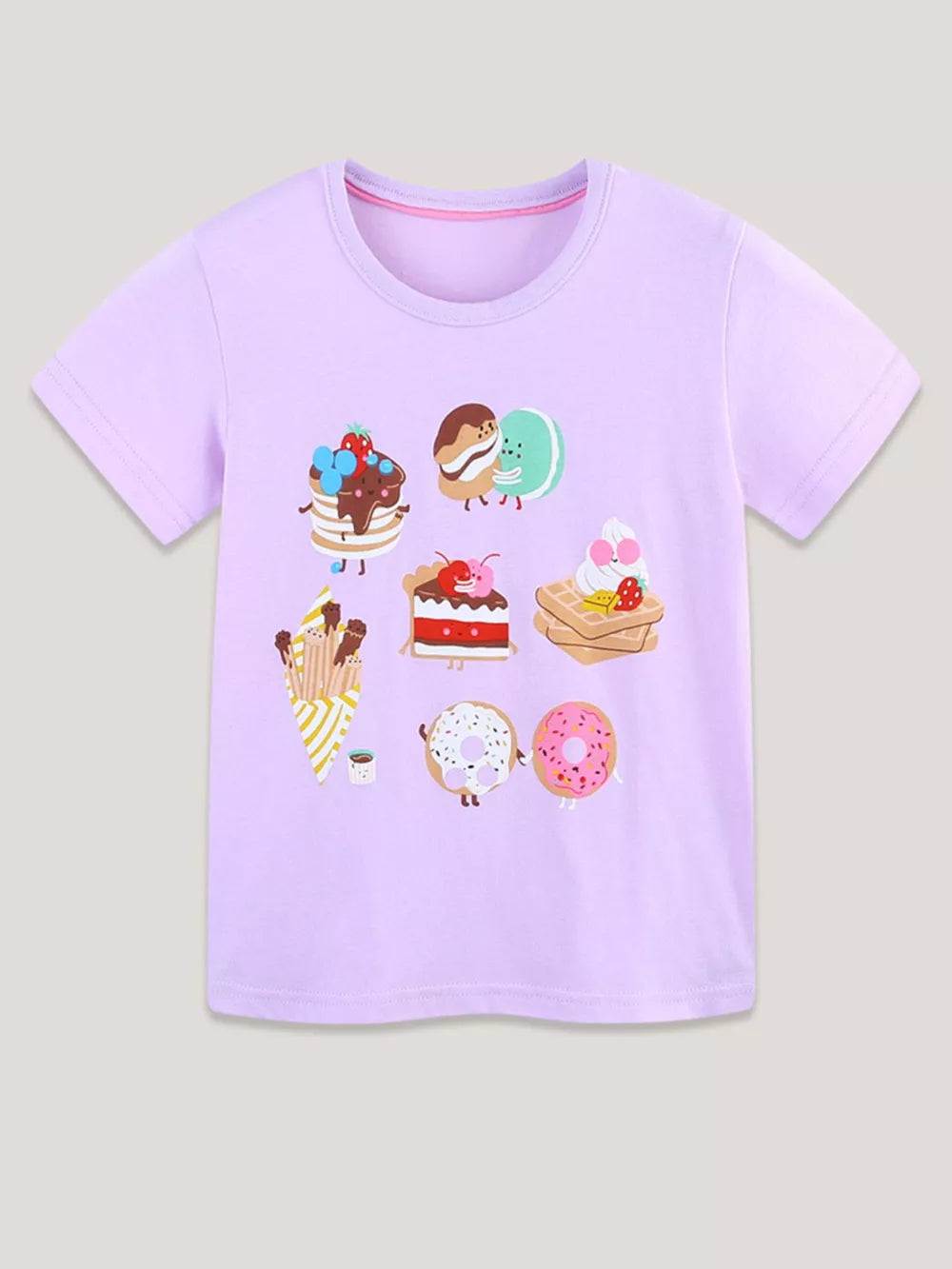 Lilac cotton t-shirt with cute animated dessert prints including pancakes, macarons, donuts, and waffles.