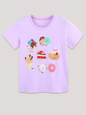 Lilac cotton t-shirt with cute animated dessert prints including pancakes, macarons, donuts, and waffles.