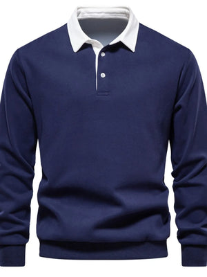Navy long sleeve sweatshirt with white collar and two button placket