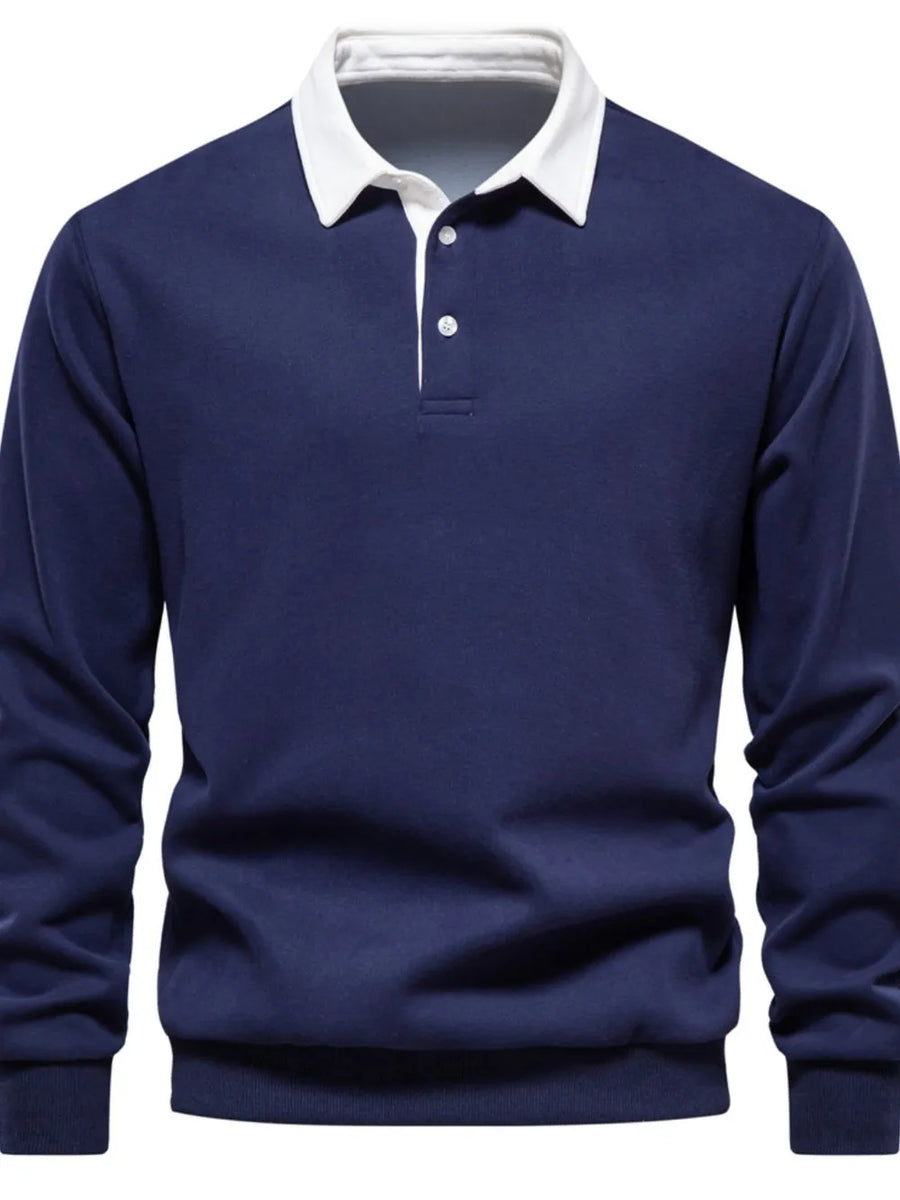 Navy long sleeve sweatshirt with white collar and two button placket