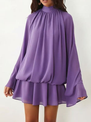 romantic mini dress in Wine Red with mock neck