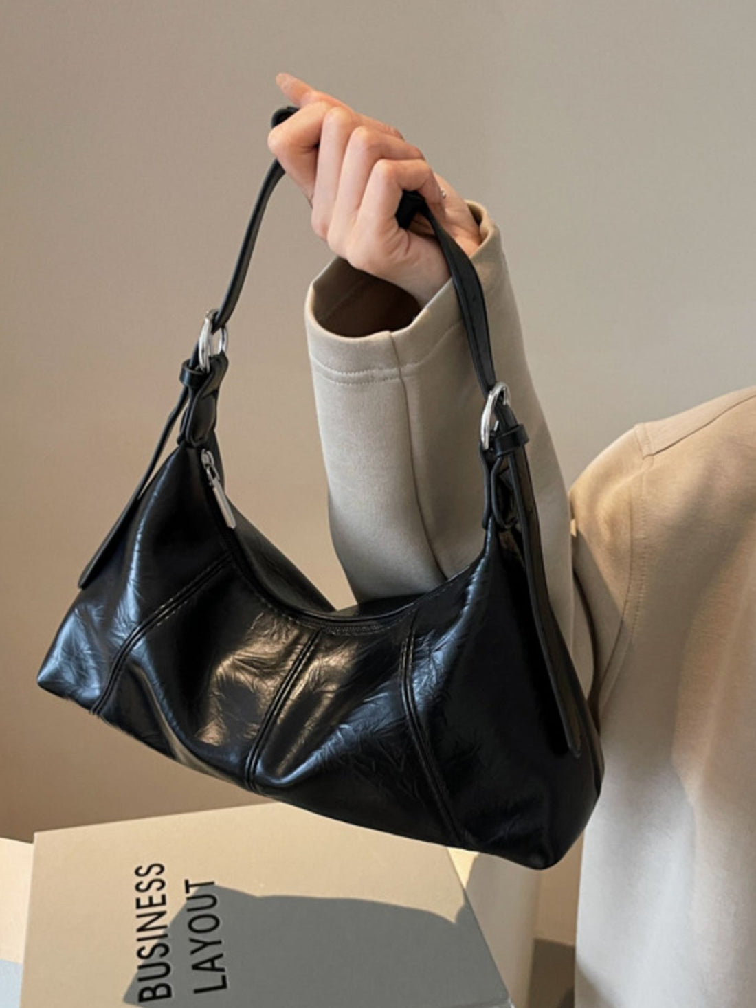 PU Leather Imported Size &amp handbag in Silver with relaxed silhouette