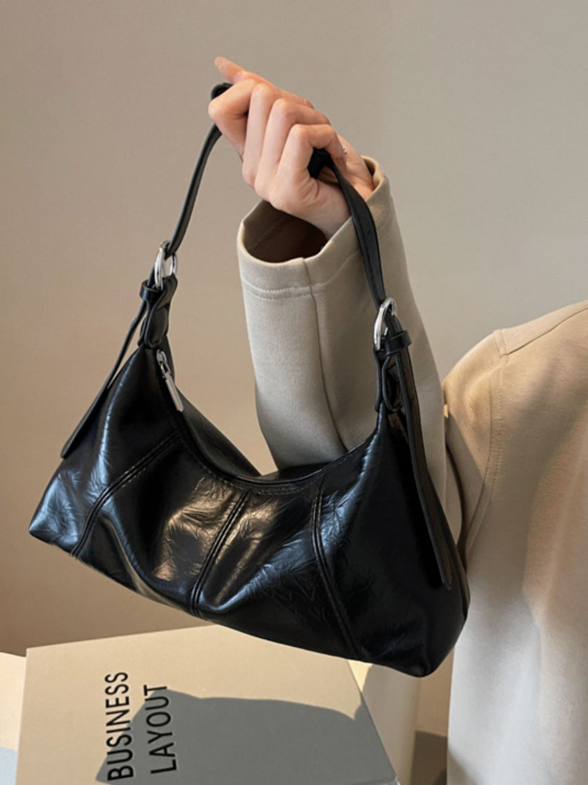 PU Leather Imported Size &amp handbag in Silver with relaxed silhouette