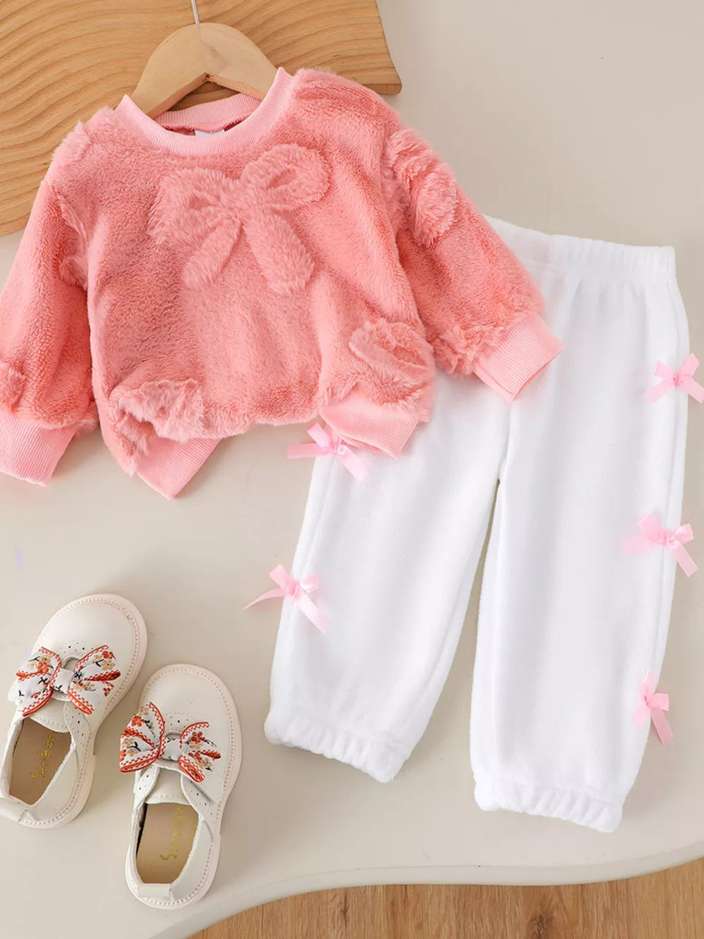 Pink Children's Bow Round Neck Top And Pants Set