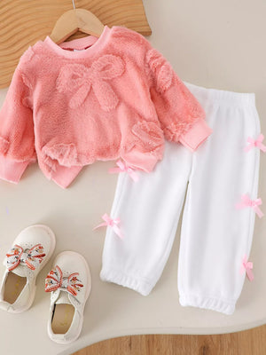Pink Children's Bow Round Neck Top And Pants Set